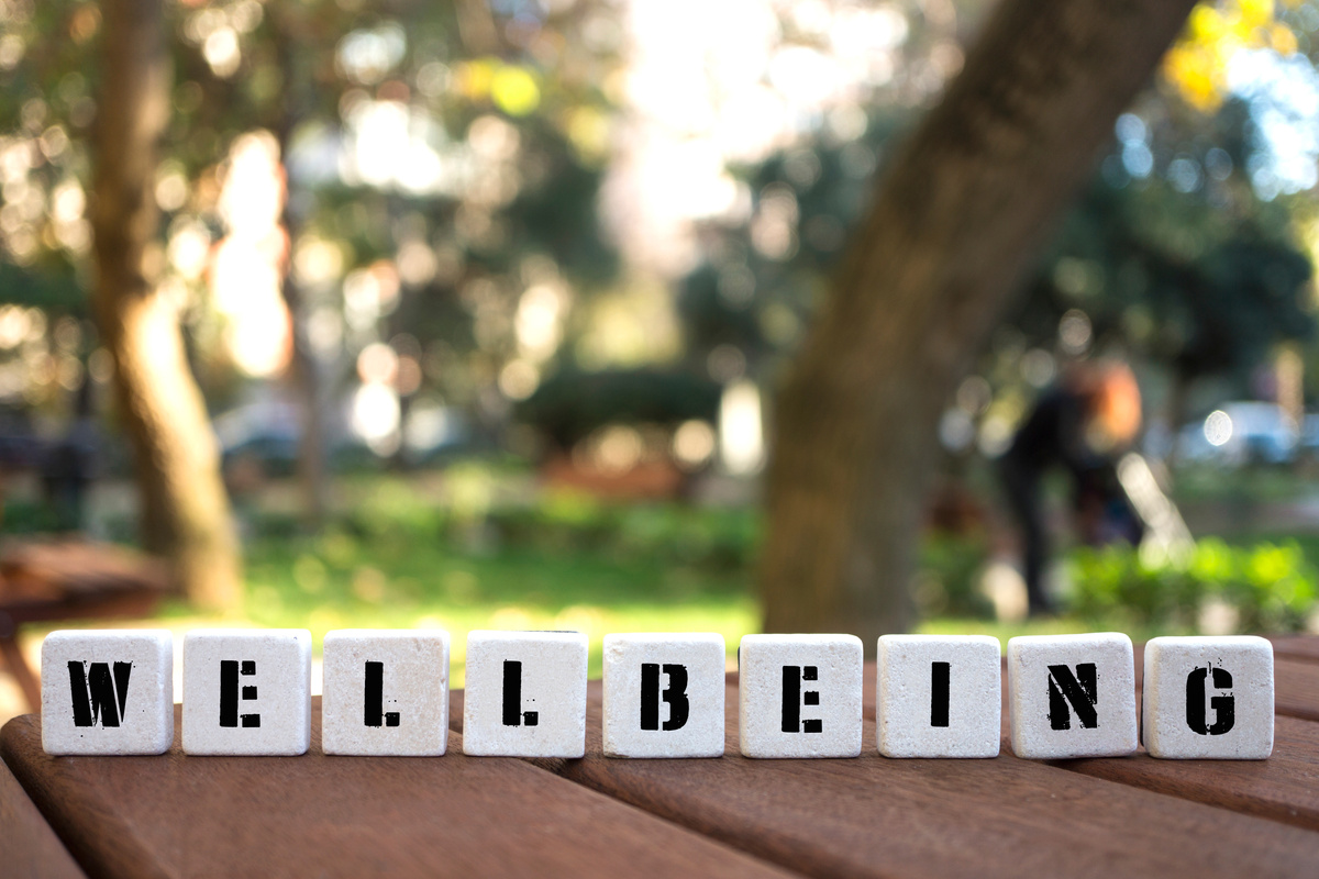WELLBEING Concept with Hand and alphabet blocks